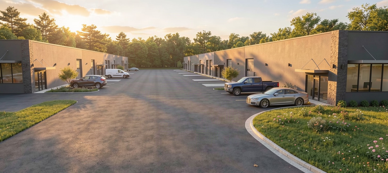 Looking down the drive between the two Phase I buildings, parking on both sides, storefront entrances along each bay.